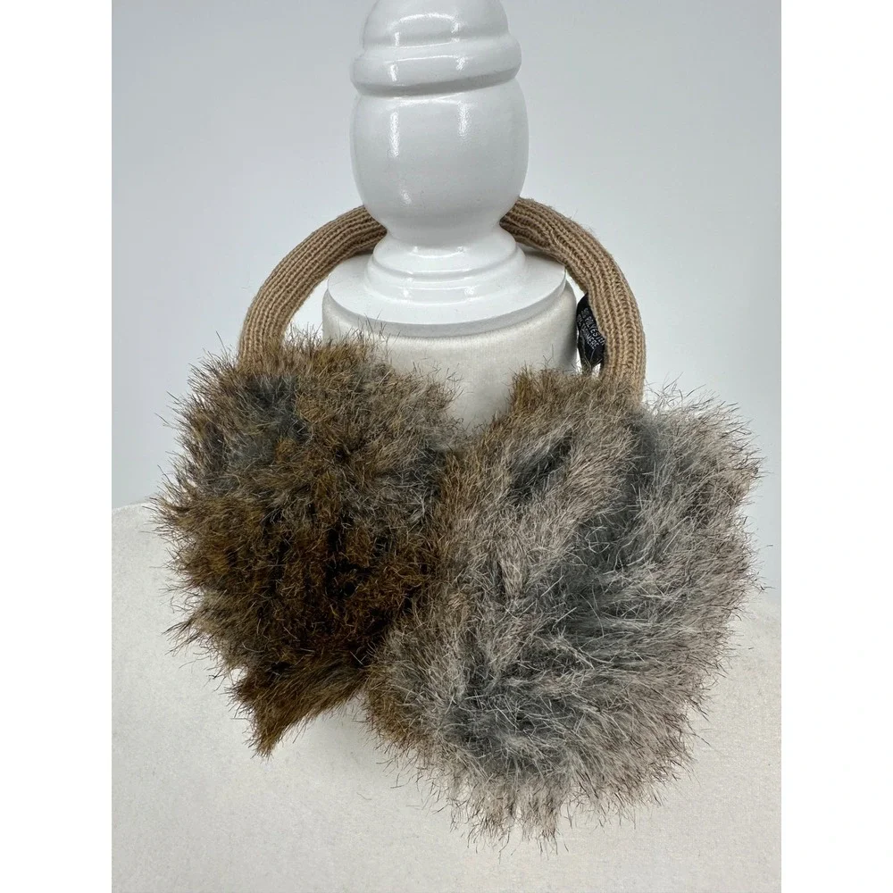 Women's Faux Fur Cashmere Blend Earmuffs Knit Headband Tan Brown Mix Winter Warm